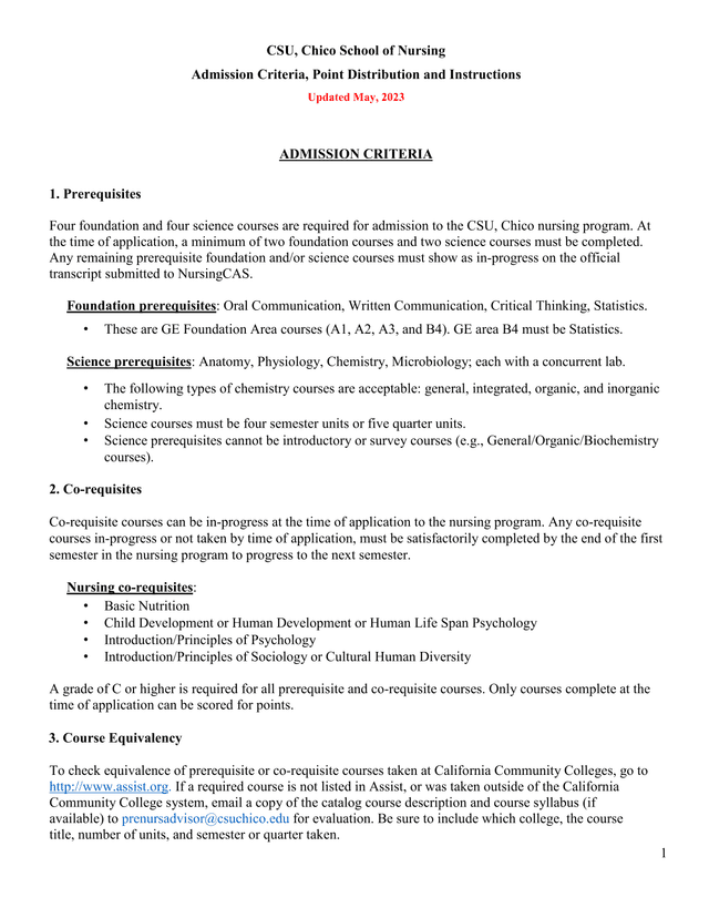 CSU, Chico School Of Nursing Admission Criteria, Point Distribution And Instructions screenshot