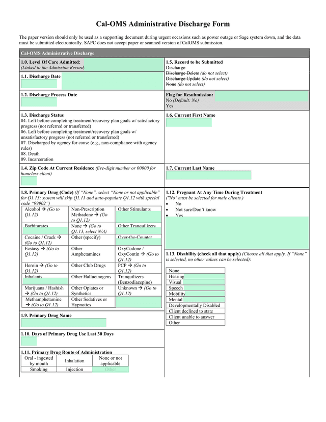 Cal OMS Administrative Discharge Form screenshot