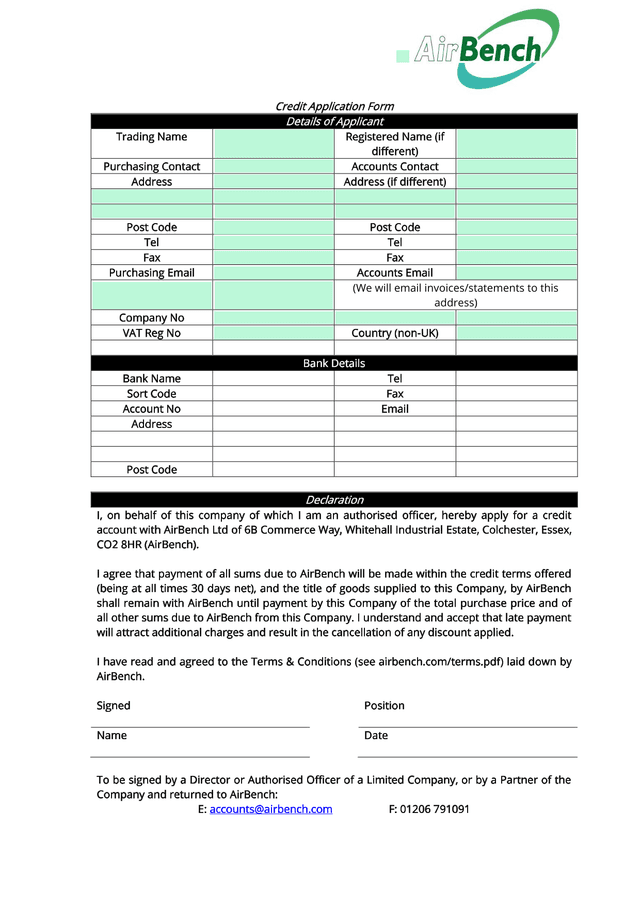 Credit Application Form screenshot