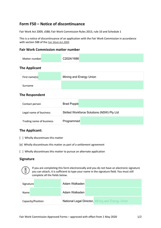 Form F50  Notice Of Discontinuance screenshot