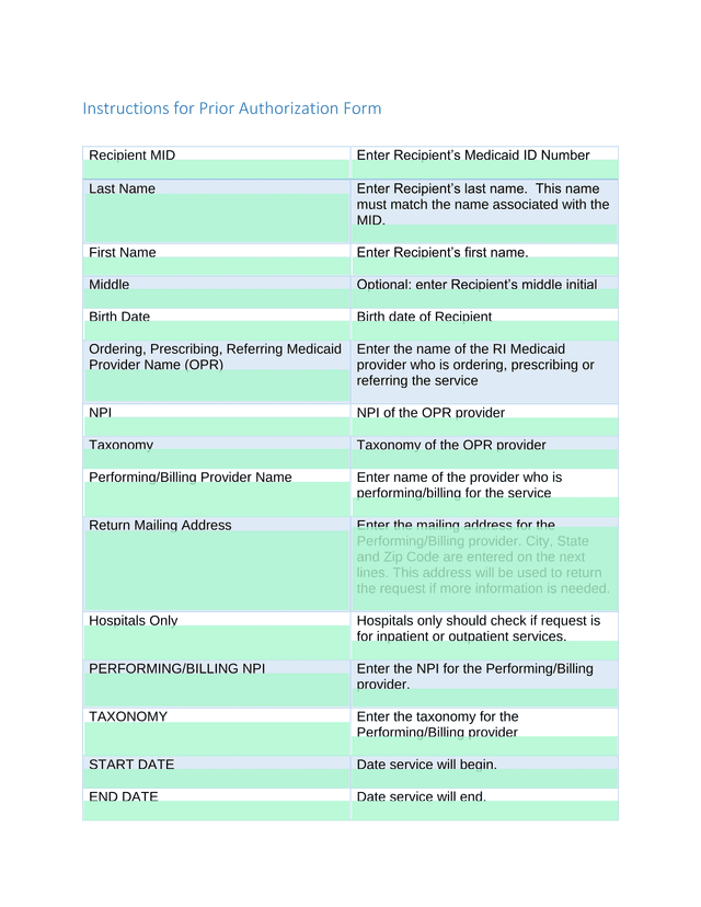 Prior Authorization Form screenshot