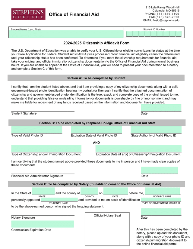 2024 2025 Citizenship Affidavit Form screenshot