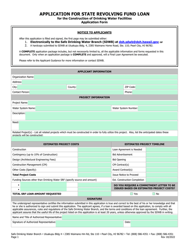 APPLICATION FOR STATE REVOLVING FUND LOAN For The Construction Of Drinking Water Facilities screenshot