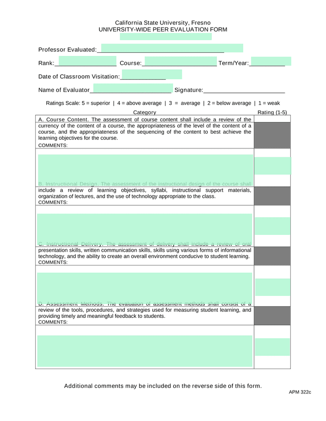 University Wide Peer Evaluation Form screenshot