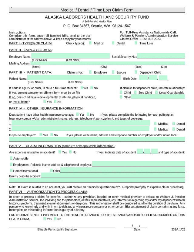 Medical  Dental  Time Loss Claim Form screenshot
