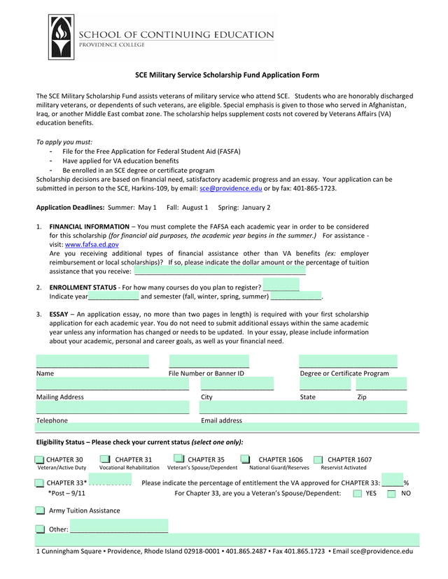 SCE Military Service Scholarship Fund Application Form screenshot