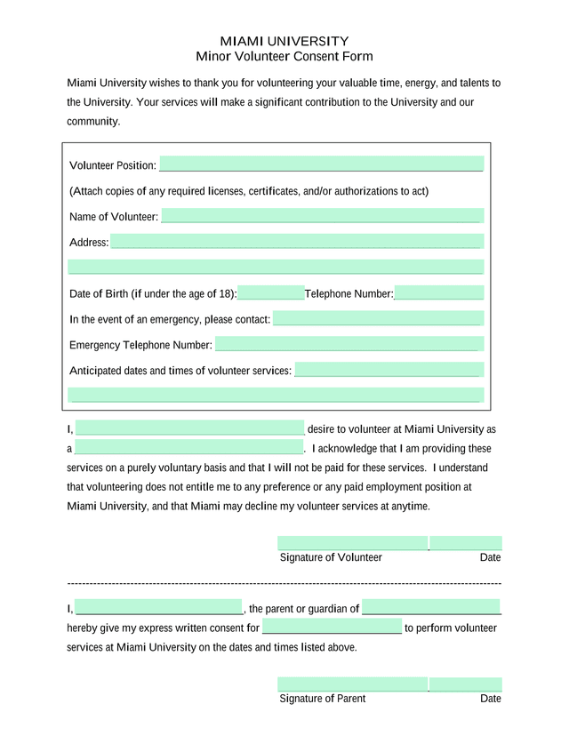 Minor Volunteer Consent Form screenshot