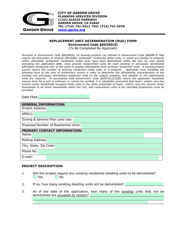 Replacement Unit Determination (RUD) Form screenshot