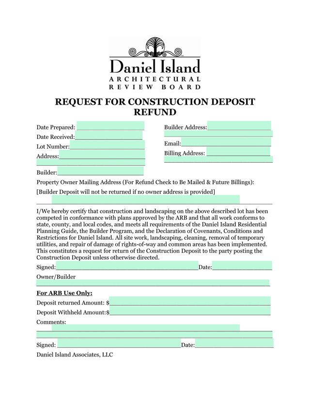 REQUEST FOR CONSTRUCTION DEPOSIT REFUND screenshot