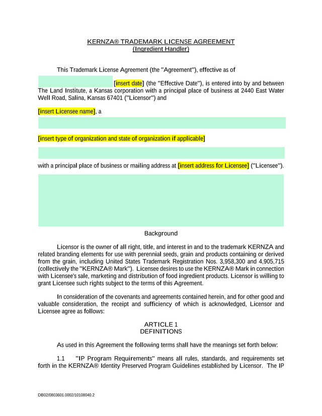 KERNZA TRADEMARK LICENSE AGREEMENT screenshot