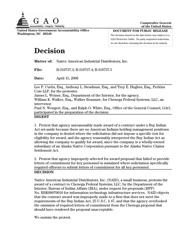 GAO Decision   Native American Industrial Distributors, Inc. Protest screenshot