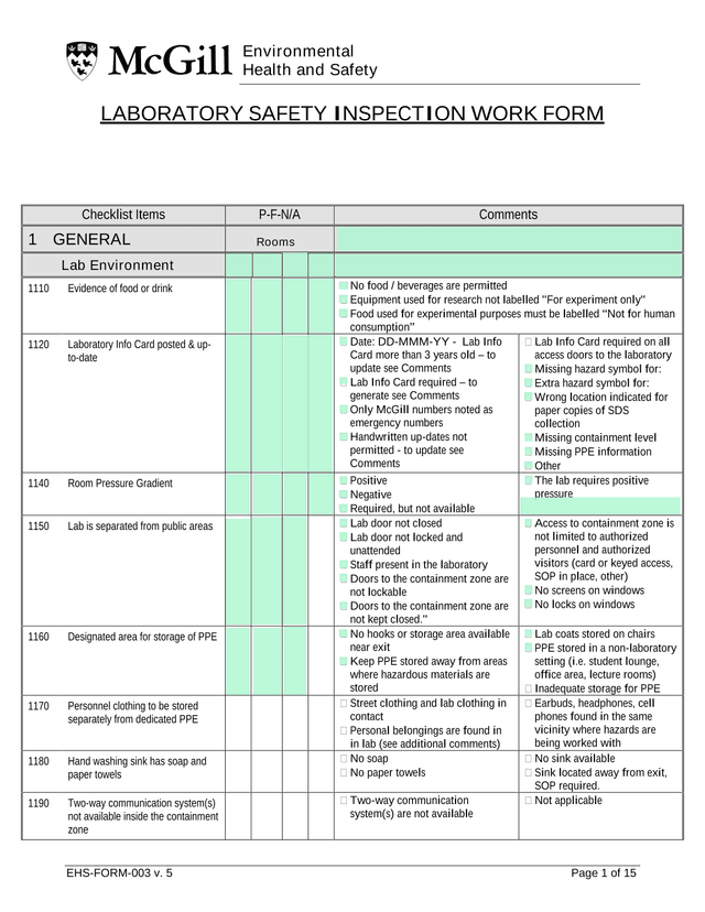 LABORATORY SAFETY INSPECTION WORK FORM screenshot