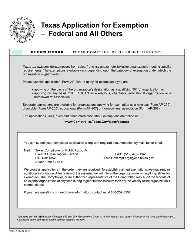 Texas Application For Exemption  Federal And All Others screenshot