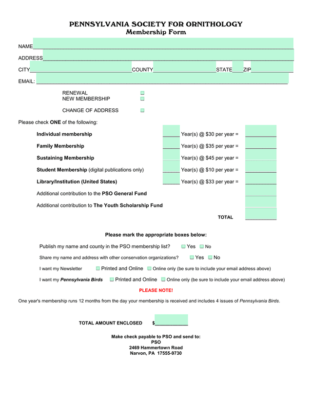Pennsylvania Society For Ornithology Membership Form screenshot