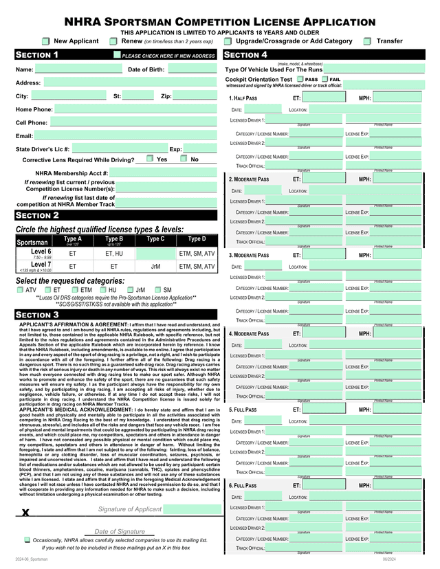 NHRA Sportsman Competition License Application screenshot