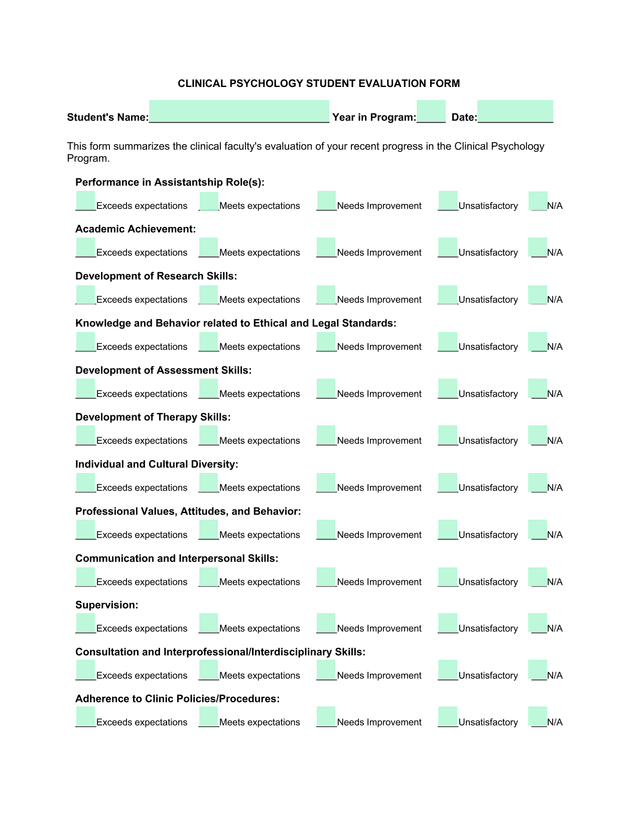 Clinical Psychology Student Evaluation Form screenshot
