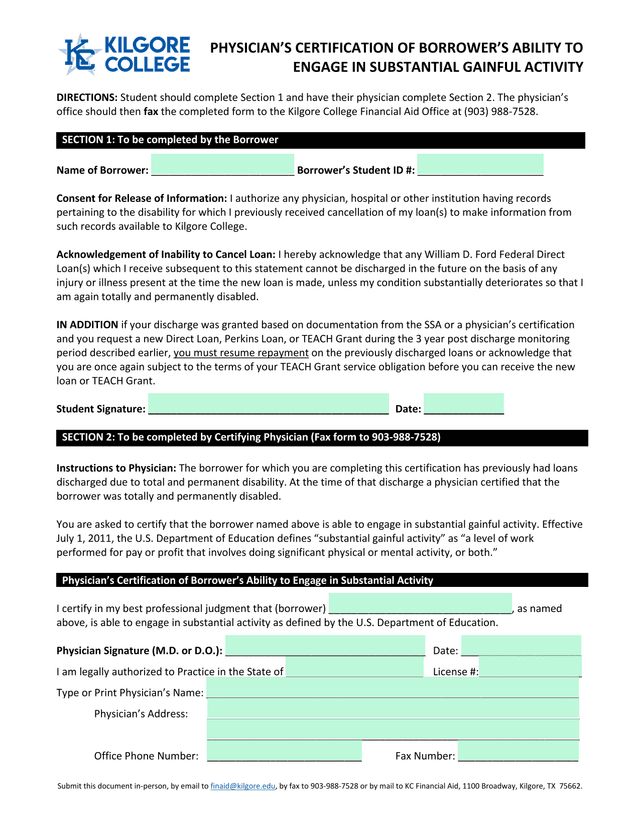 PhysicianS Certification Of BorrowerS Ability To Engage In Substantial Gainful Activity screenshot