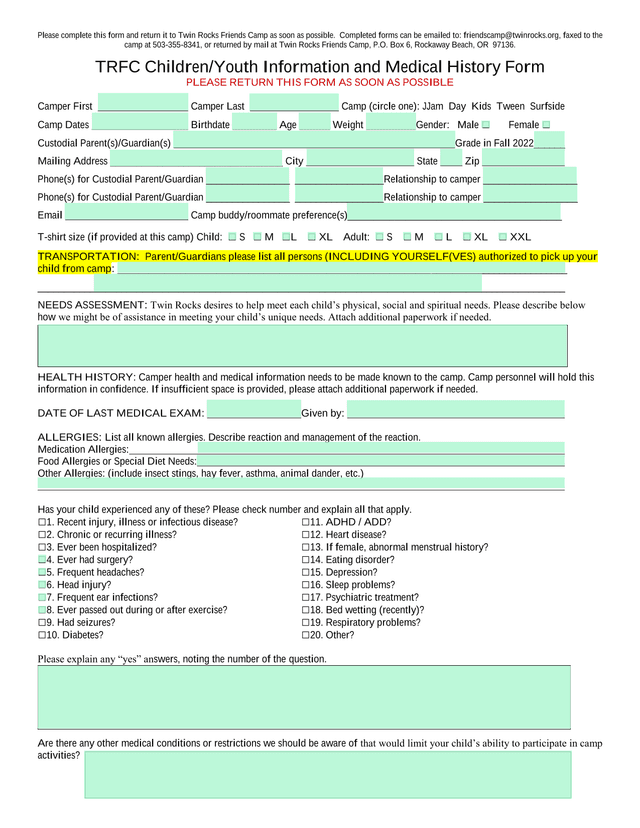 TRFC ChildrenYouth Information And Medical History Form screenshot
