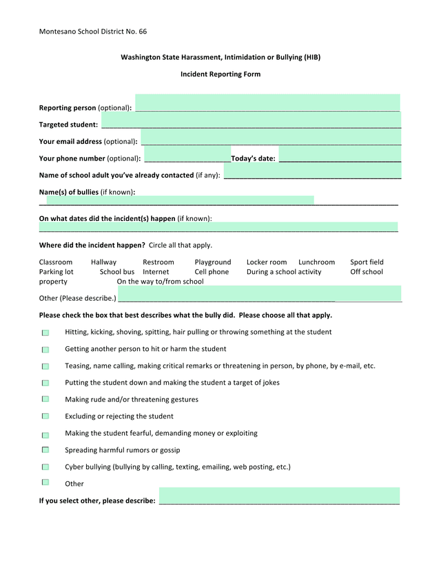 Washington State Harassment, Intimidation Or Bullying (HIB) Incident Reporting Form screenshot