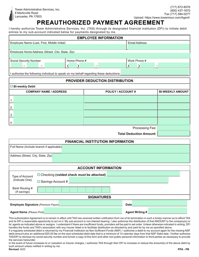 Preauthorized Payment Agreement screenshot