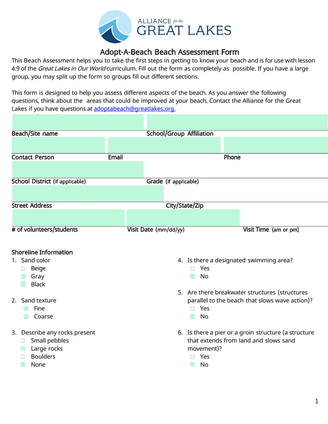 Adopt A Beach Beach Assessment Form screenshot