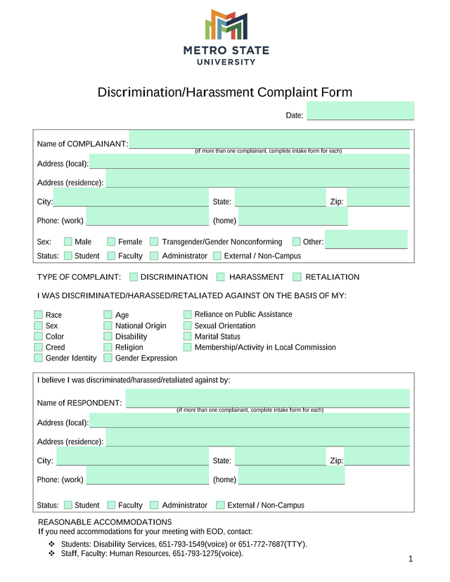 DiscriminationHarassment Complaint Form screenshot