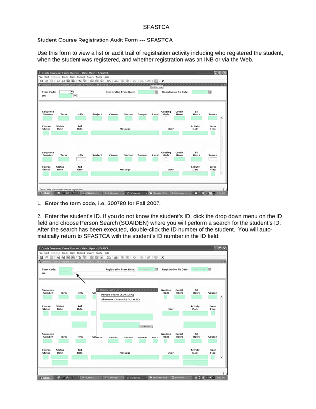 Student Course Registration Audit Form   SFASTCA screenshot