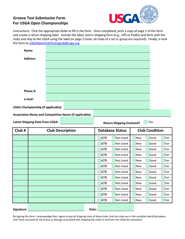 Groove Test Submission Form For USGA Open Championships screenshot