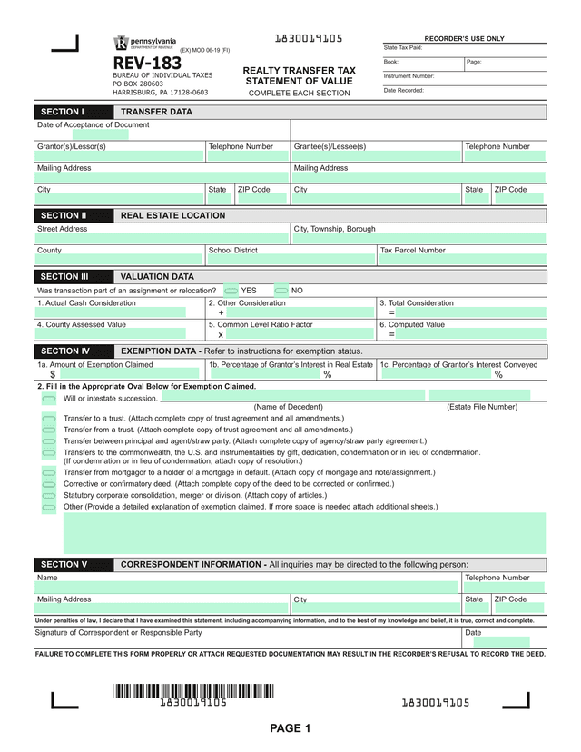 REV 183 Realty Transfer Tax Statement Of Value screenshot