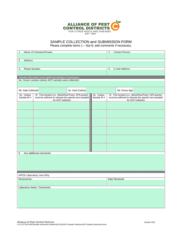 Sample Collection And Submission Form screenshot