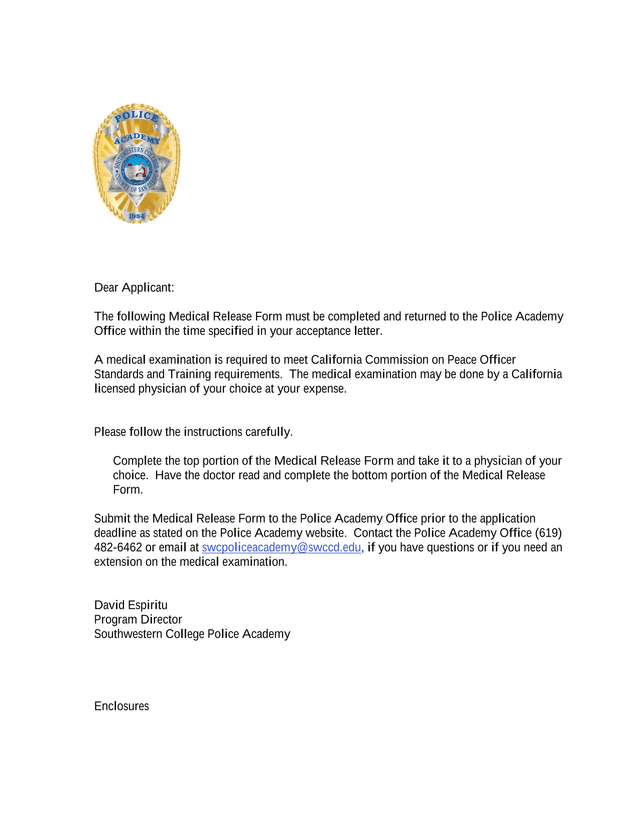 Southwestern College Police Academy Medical Release Form screenshot