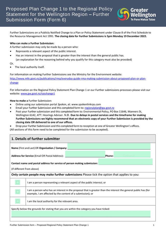 Proposed Plan Change 1 To The Regional Policy Statement For The Wellington Region  Further Submissio screenshot