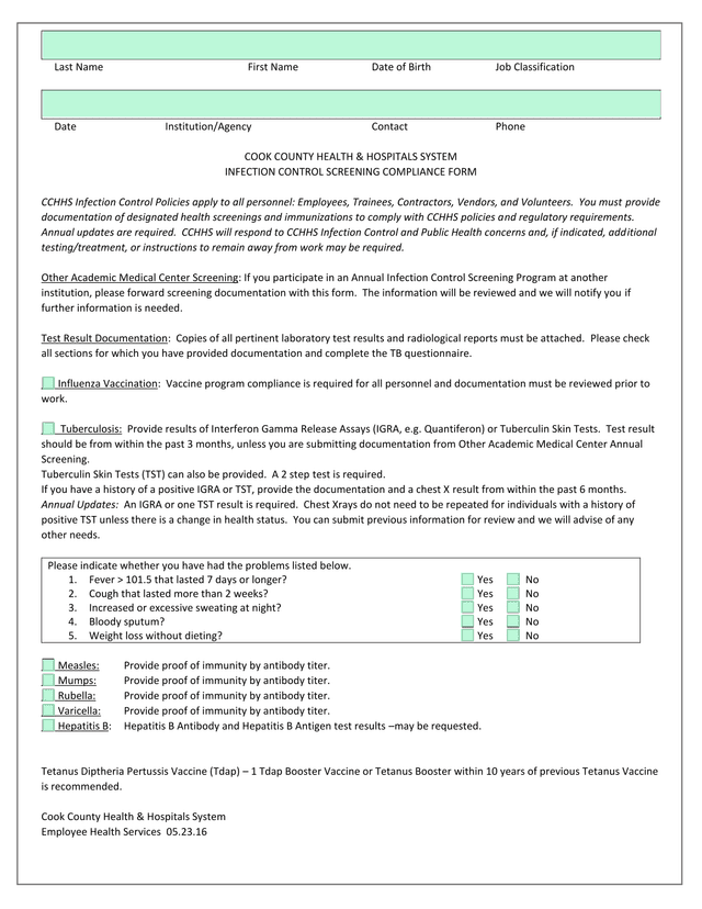 CCHHS Infection Control Screening Compliance Form screenshot