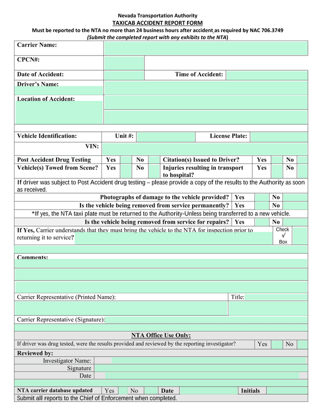 Nevada Transportation Authority Taxicab Accident Report Form screenshot