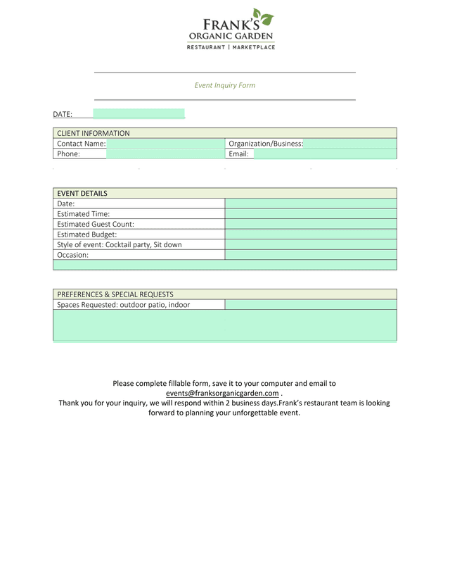 Event Inquiry Form screenshot
