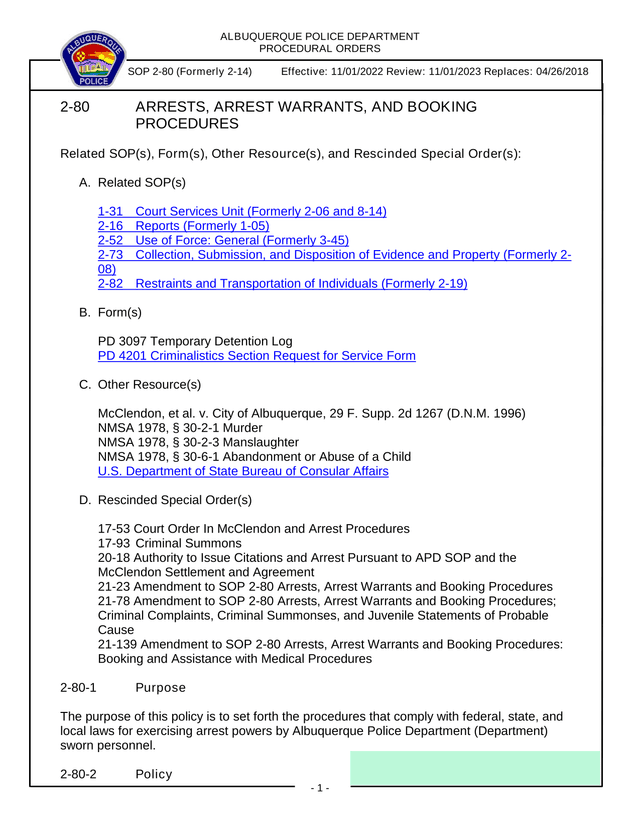 Albuquerque Police Department Procedural Orders Arrests, Arrest Warrants, And Booking Procedures screenshot