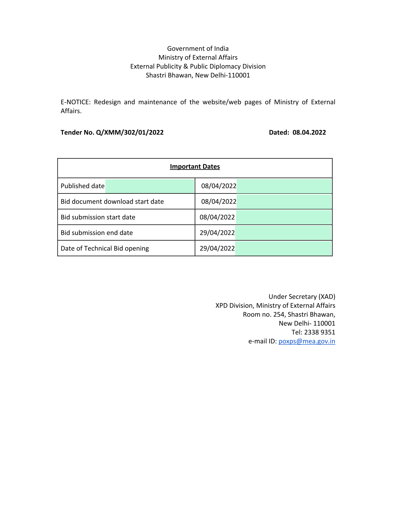 E NOTICE Redesign And Maintenance Of The WebsiteWeb Pages Of Ministry Of External Affairs screenshot