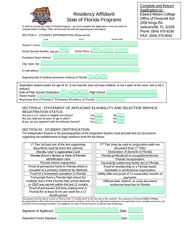 Residency Affidavit State Of Florida Programs screenshot