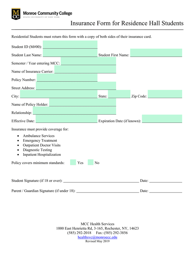 Insurance Form For Residence Hall Students screenshot