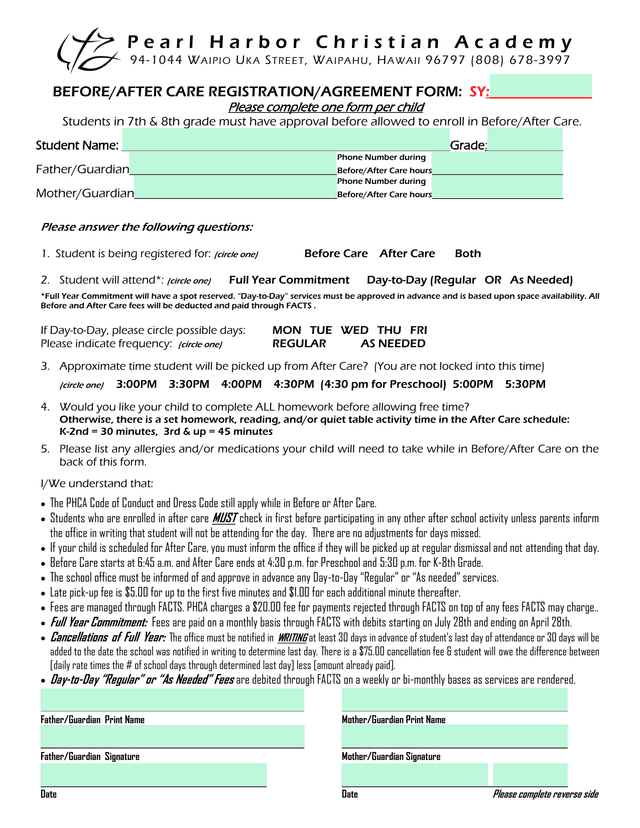 BEFOREAFTER CARE REGISTRATIONAGREEMENT FORM screenshot