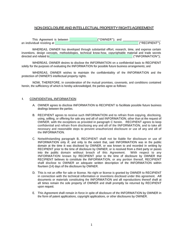 NON DISCLOSURE AND INTELLECTUAL PROPERTY RIGHTS AGREEMENT screenshot
