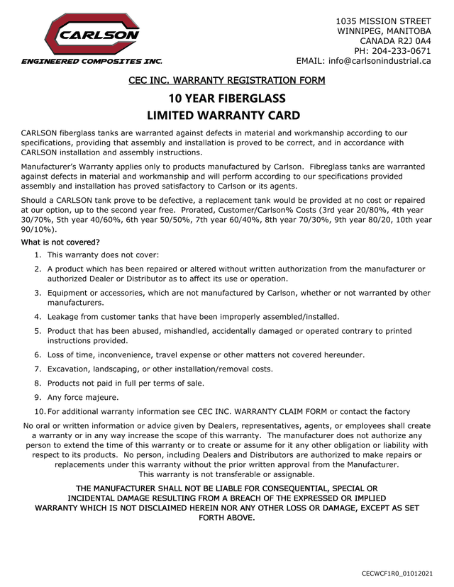 CEC INC. WARRANTY REGISTRATION FORM screenshot