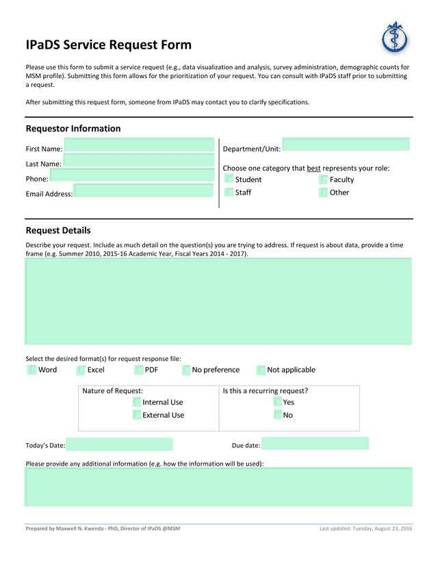 IPaDS Service Request Form screenshot