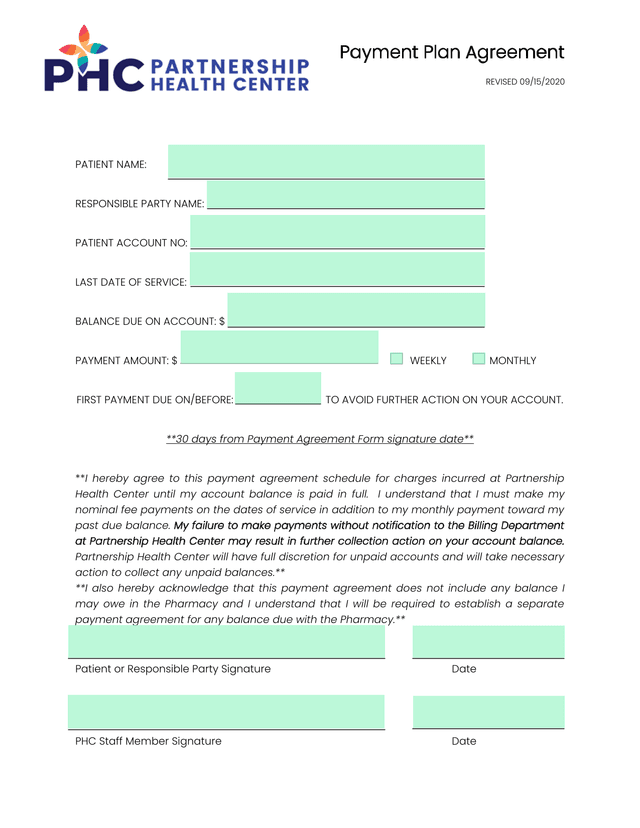 Payment Plan Agreement screenshot