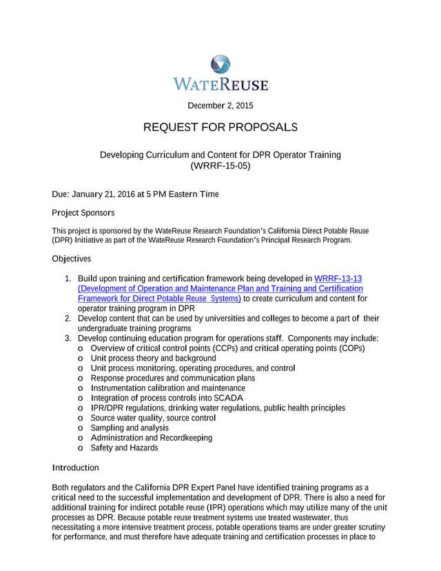 Request For Proposals Developing Curriculum And Content For DPR Operator Training screenshot