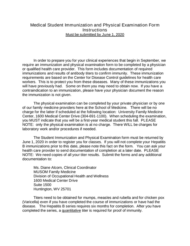 Medical Student Immunization And Physical Examination Form screenshot