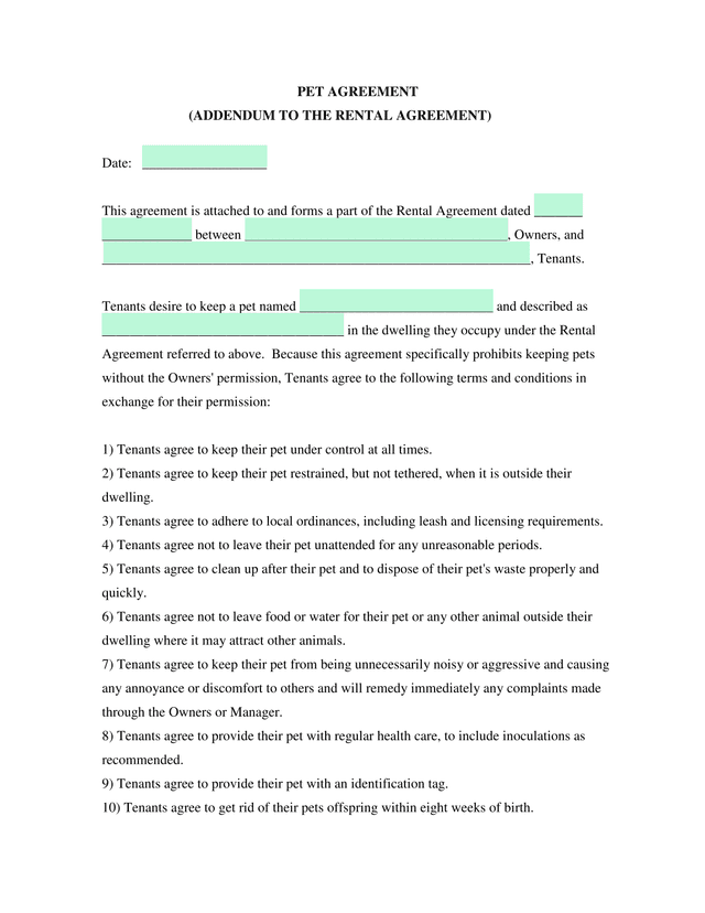 Pet Agreement (Addendum To Rental Agreement) screenshot