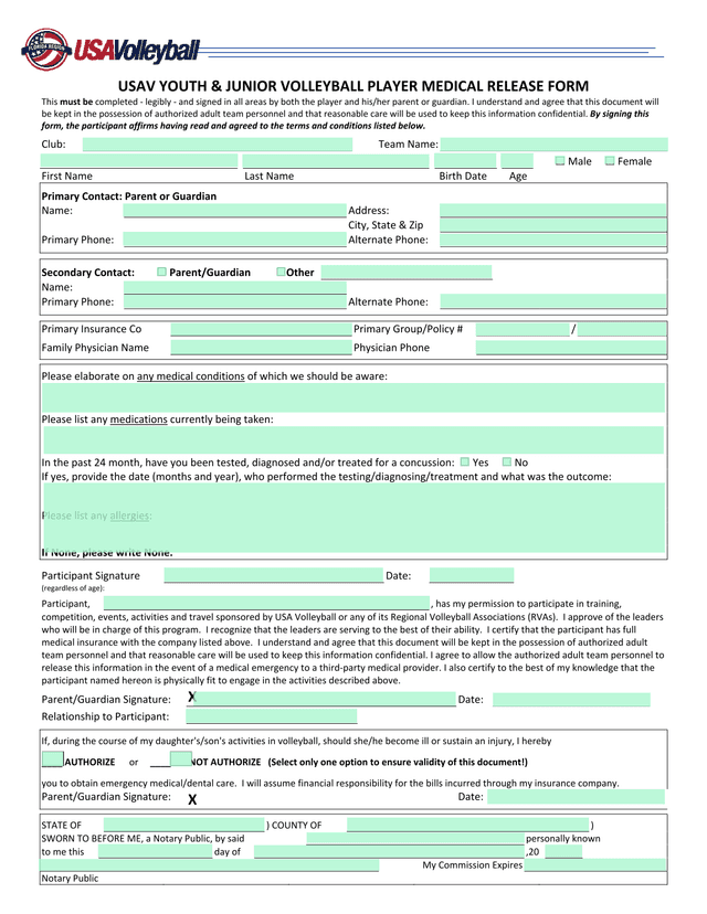 USAV YOUTH  JUNIOR VOLLEYBALL PLAYER MEDICAL RELEASE FORM screenshot