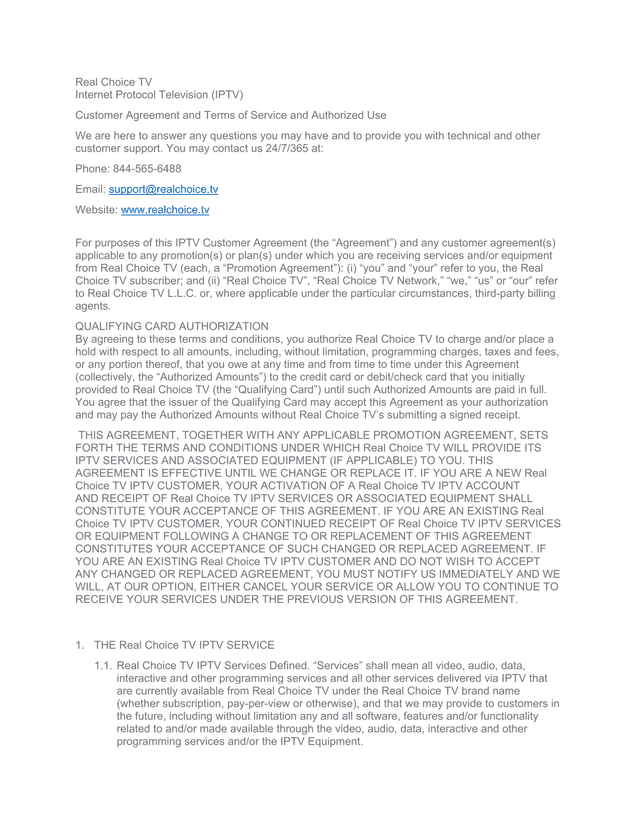 Real Choice TV Internet Protocol Television (IPTV) Customer Agreement And Terms Of Service screenshot