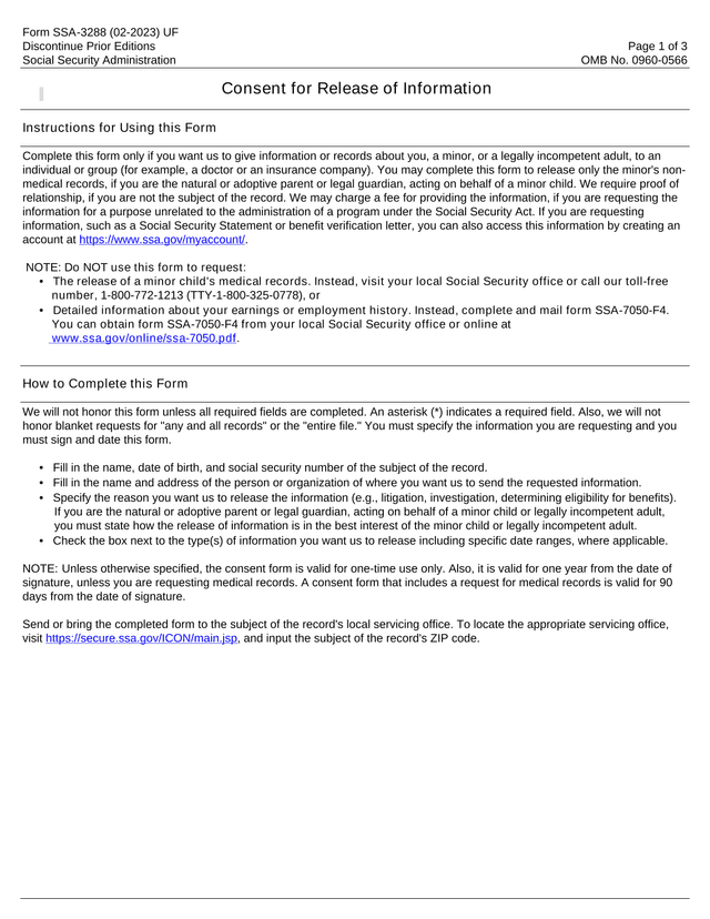 Form SSA 3288 Consent For Release Of Information screenshot